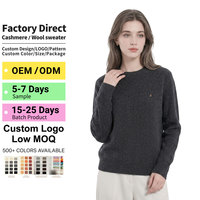 Pulls en cachemire 100% pour femmes, tricotés, décontractés, brodés, 15,5 microns, col rond, fin, pour l'automne, vente en gros d'usine