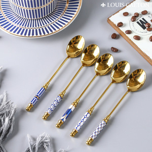 Cuillères à café KCH de luxe léger, rétro, dorées, avec manches en céramique, en porcelaine bleue et blanche de luxe, longues, pour thé et desserts - Product Image 2