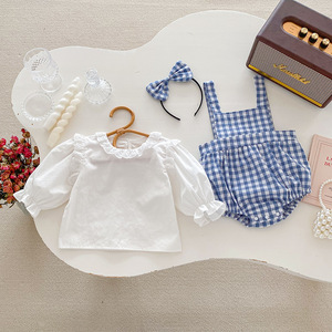 Printemps automne enfant en bas âge fille coton bleu barboteuse à carreaux couleur unie à manches longues haut bébé vêtements costume - Product Image 3