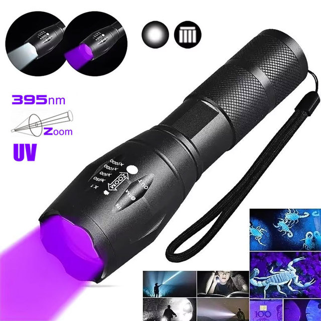 Dual UV 395nm Purple and White Torch Zoom Flashlight with USB Charging for Pet Stains Detection Hunting & Camping Lighting