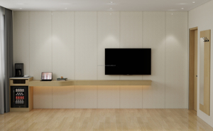 Ensemble de meubles de chambre à coucher pour hôtel 3 étoiles, lit plateforme moderne en bois avec tête de lit capitonnée, tables de chevet, armoire et meuble TV - Product Image 5