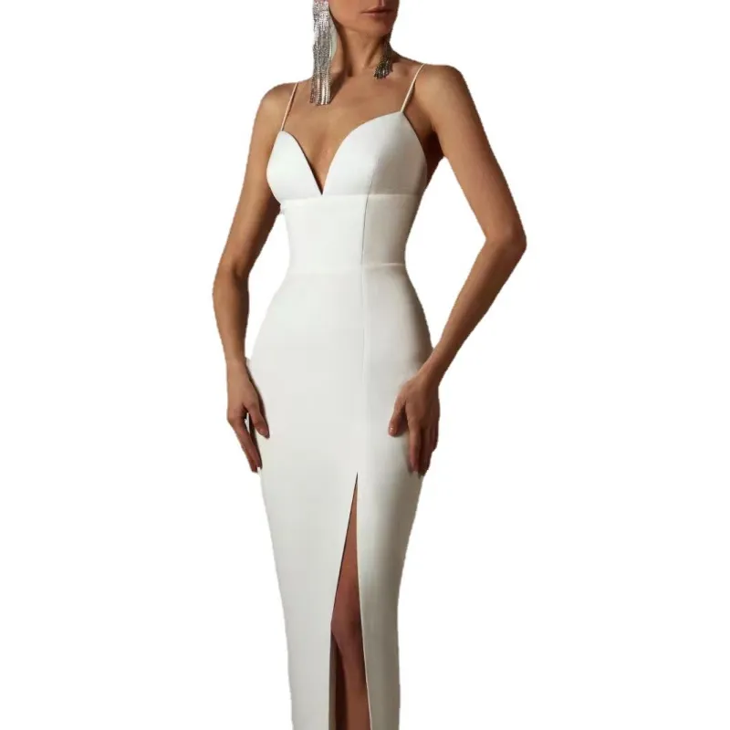 En kaliteli seksi Backless beyaz parti elbise kadın moda bandaj Bodycon elbiseler yüksek bölünmüş bacak kayışı seksi uzun elbise
