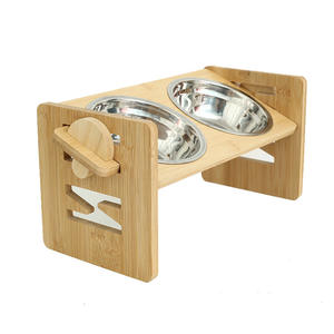 Support de nourrissage pour animaux de compagnie en bambou, support surélevé pour gamelles de chien et de chat avec des gamelles carrées en acier inoxydable, design simple, couleur unie - Product Image 1