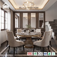 Table à manger ronde de luxe silencieuse avec base en métal et 6 chaises en velours capitonnées à boutons, personnalisation complète pour villa et manoir