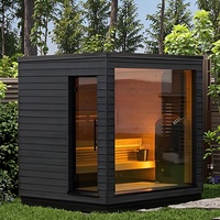 Sauna Traditionnel Extérieur Carré pour 2 à 8 Personnes, Vapeur Humide et Sèche, Infrarouge Lointain, Porte en Verre Panoramique