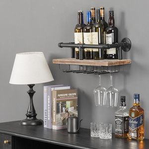 <strong>Industrial</strong> Wall Mounted Wine Rack Wine Bottle Stemware Glass Rack Floating Shelf <strong>Pipe</strong> Hanging <strong>Shelving</strong> with Glass Holders - Product Image 5