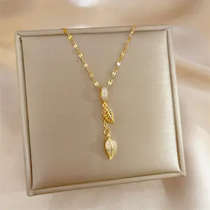 Wholesale New No Fade Titanium Steel 18k Gold Plated Vintage Tassel Double Layer Leaf Zircon Necklace