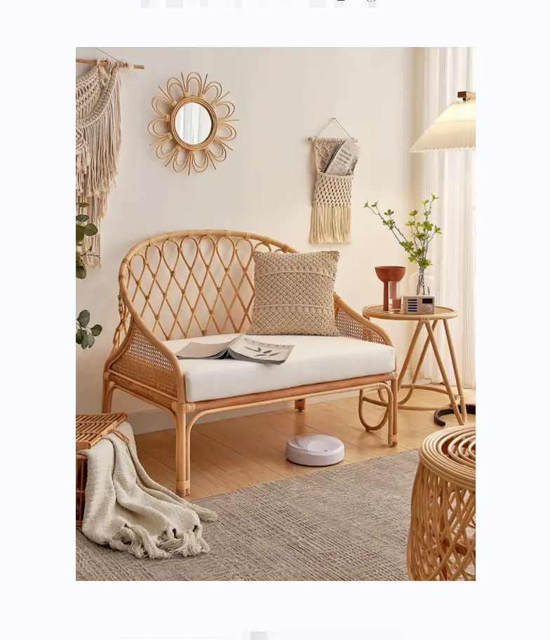 Two-Seater Backrest Sofa and Connectable Ottoman Solid Wood Sofa Bed White Cushion Rattan Sofa