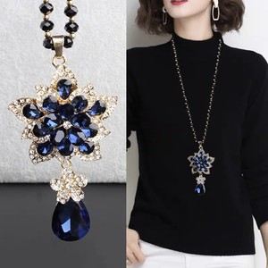 Fashion Pendant <b>Necklace</b> <b>Long</b> Black Beaded Chain Flower Design Gold Tone Party Jewelry for Women - Product Image 4