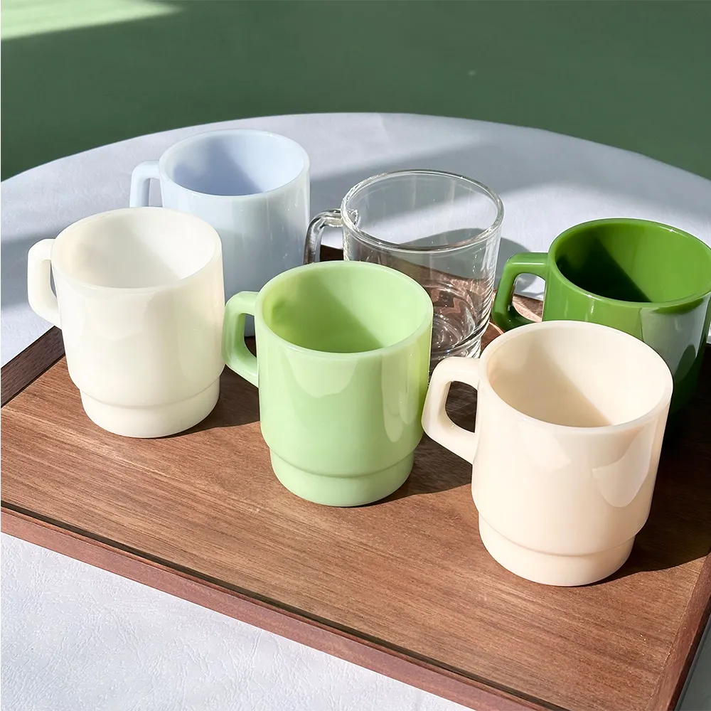 230ml 400nl Thick Creamy Colored Heat Resistant With Handle Glass Cups Tea Coffee Mugs White Jade Glass Mugs With Saucers