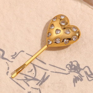 H1552 pinces à cheveux vintage en acier inoxydable plaqué or avec coquille bouffante en forme de boule de coeur pinces à cheveux en diamant 70s 80s épingles à cheveux décoratives - Product Image 1