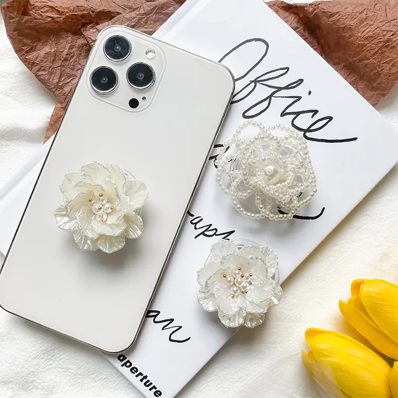 Soporte plegable para teléfono móvil con flor de Rosa y concha de perla bonita de lujo para iPhone 13 14 15 Pro Max soporte perezoso de escritorio toma de teléfono