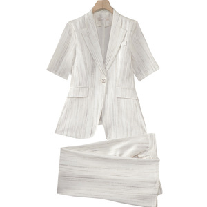 Women's White Summer Thin Suit Jacket Short Sleeve Breathable Woven Polyester Stripes Casual Suit Set For Petite Women - Product Image 5