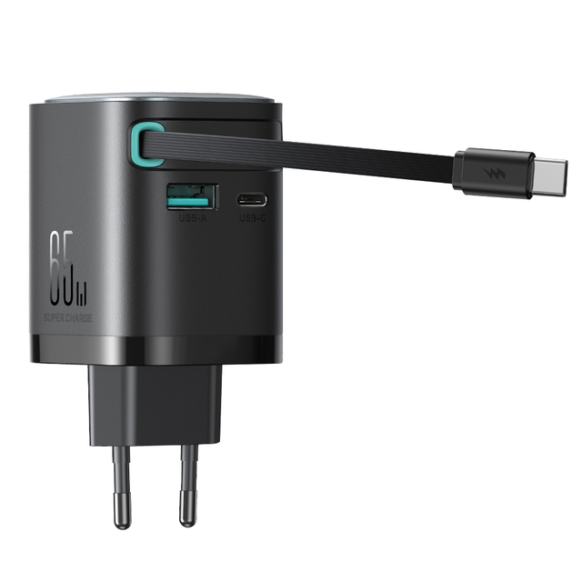 Factory Price 65W GaN Wall Charger With Retractable Cable QC3.0 Fast Charger Adapter for Laptop for Phone Travel Adapter Custom