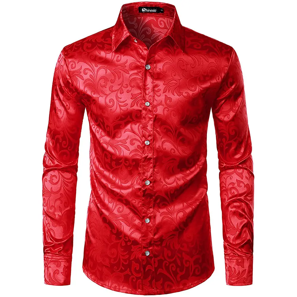 Shinesia plus size long sleeve silky satin jacquard fashion party wedding business work custom printed floral shirts for men