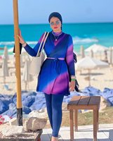 Burkini musulman coloré 4 pièces, maillot de bain à manches longues pour femmes, hijab islamique, maillot de bain conservateur
