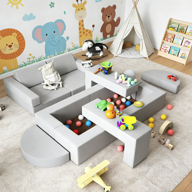 Factory Convertible Foldable Modular Toddler Playroom Living Room Kids Soft Foam Climbing Couch Set Building Blocks Sofa Bed