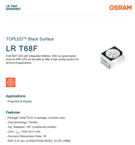 LED OSRAM TOPLED de Superficie Negra LR T68F 2-PLCC, Color Único Rojo 625nm TOPLED TF - Product Image 2