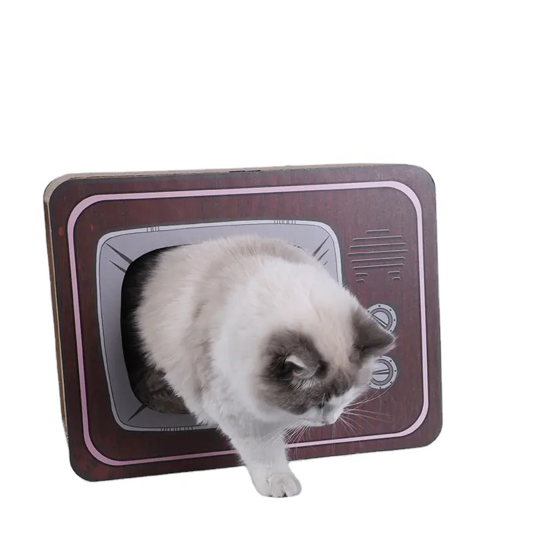 Komik oluklu karton kedi ağacı & Scratcher TV tipi kediler için Pet oyuncak tırmalama mesajlar kediler için süspansiyon yatakları ahşap kule