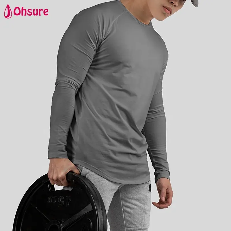 Wholesale Athletiic Body Shaper Slim Fit Mens T Shirt Tops Long Sleeve Scoop Hem Workout Bodybuilding Gym Shirts Blank Casual