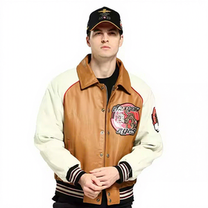 Chaqueta de cuero de bombardero de primavera y otoño de invierno para hombre ODM de alta calidad con bordado elegante producto terminado al por mayor - Product Image 1