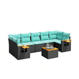 Ensemble de canapés de patio en polyrotin noir pour 8 personnes avec coussins, rangements et porte-gobelets, mobilier d'extérieur de style contemporain - Product Image 1