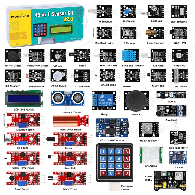 NEW 45 in 1 Sensors Modules 16 Kinds Starter Kit for Arduino Raspberry Pi, Better Than 37 in 1 With Box for UNO Set R3 MEGA2560