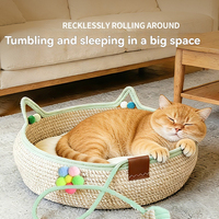 Lit pour chat en rotin tissé à la main, résistant aux griffures, respirant, lavable, avec jouet interactif en forme de balle pour chats d'intérieur