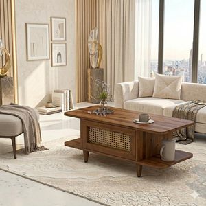 Table basse en bois massif naturel avec étagère en rotin, table de salon haut de gamme avec rangement pratique - Product Image 1