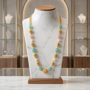 Collar Mala Antiguo de Plata 925 con Cuentas Rosa Verde Agua y Detalles de Perlas, Joyería Étnica Tradicional para Mujer - Product Image 2