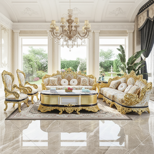 Sofá de Madera Maciza Tallada de Lujo Francés, Estilo Europeo para Sala de Estar, con Lámina Dorada, Tela Importada, Esponja, Hecho a Medida, Sofá de Alta Gama para Villa - Product Image 5