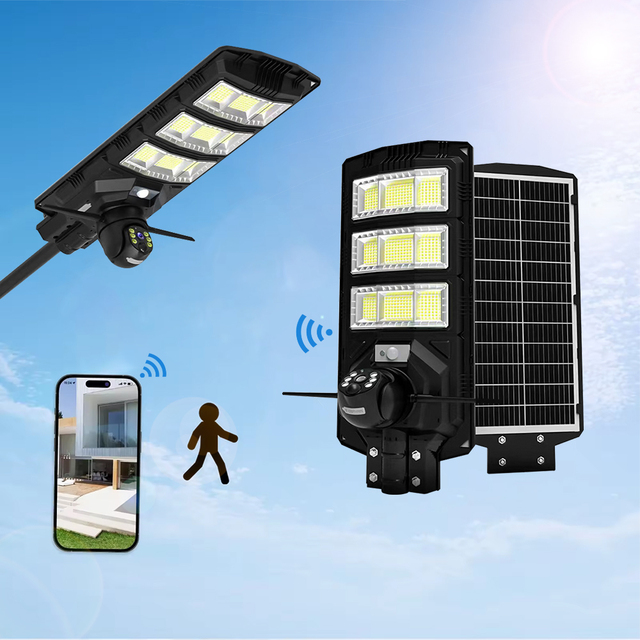 Solar Street Lights 450W Integrated WiFi Security Camera Voice Chat PIR Motion Sensor IP65 for Courtyard LED Street Lighting