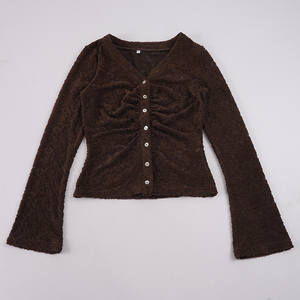 Ins Vintage Sheer Textured Lace V Neck Long <b>Sleeve</b> <b>Cardigan</b> Elegant Front Ruched Button Front Slim Fit Top - Product Image 6