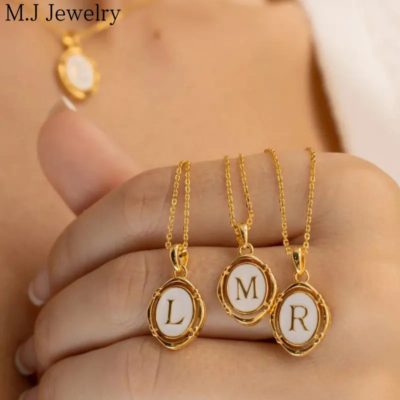 Delicate Stainless Steel DIY Chain Style Oval Vintage White Enamel A-Z 26 Letters Initial Pendant Necklaces for Women Jewelry