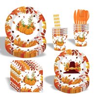 Vaisselle jetable pour fête d'automne et de Thanksgiving, assiettes en papier, gobelets, serviettes, couverts, décorations de fête sur le thème de la récolte d'automne