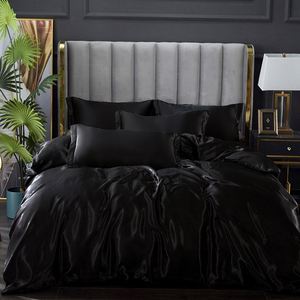 Parure de lit 4 pièces en soie glacée lavée, qualité luxe, écologique, douce, confortable, respirante, couleur unie, simple, pour l'été - Product Image 3