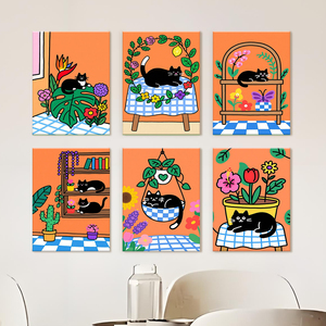 Orfon ชุดศิลปะรูปแมวและดอกไม้6-Pcs ชุดระบายสีมินิด้วยตัวเลข, ภาพวาด DIY ขนาดเล็กด้วยตัวเลข, OEM dropshipping ทั่วโลก - Product Image 2