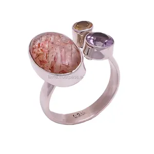 紫水晶太阳石结婚戒指925纯银批发珠宝印度手工精美银戒指供应商