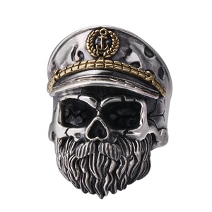 Bague pour homme en argent sterling 925, style gothique unique, hip-hop, rock, punk, crâne, officier, pirate, capitaine - Product Image 1