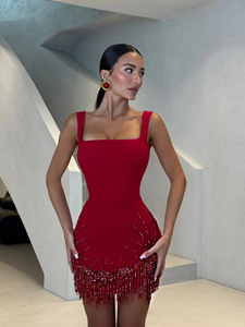 <span class=keywords><strong>Abito</strong></span> da Festa <span class=keywords><strong>Rosso</strong></span> con Nappe e Perline in Stile Francese 2026 Nuovo Vestito <span class=keywords><strong>Mini</strong></span> con Scollo Quadrato e Allacciatura al Collo per Compleanno - Product Image 3