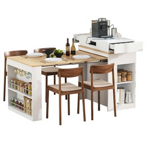 Îlot de cuisine extensible en bois massif, table à manger, rangement double face, 2 tiroirs, prises électriques, étagères latérales, écologique - Product Image 4