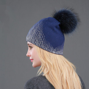 2024 hiver chaud laine tricoté chapeau femmes chaud or argent chapellerie boule de poils <span class=keywords><strong>fourrure</strong></span> haute qualité laine Slough <span class=keywords><strong>pompon</strong></span> chapeau - Product Image 5