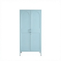 Armoire Métallique Haute Vintage Bleue Verrouillable, Autoportante, en Acier Laminé à Froid, avec Portes à Charnières Arquées Gaufrées et Pieds Surélevés, pour la Maison