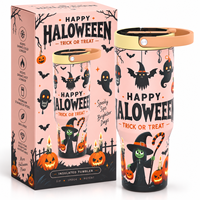 Gobelet de voyage Halloween à motif personnalisé avec paille recouverte d'un embout en silicone souple et poignée de transport pour cadeaux saisonniers