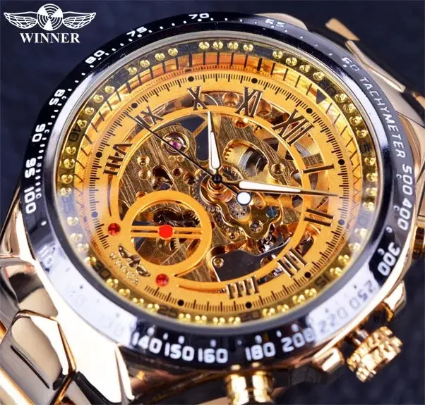 Winner men's personality fashion gold all steel hollow out automatic mechanical watch wholesale