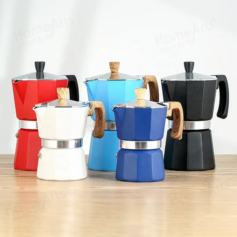 En kaliteli manuel stok 3/6 bardak özel alüminyum bialetti kahve makinesi moka pot ahşap etkisi ile kolu