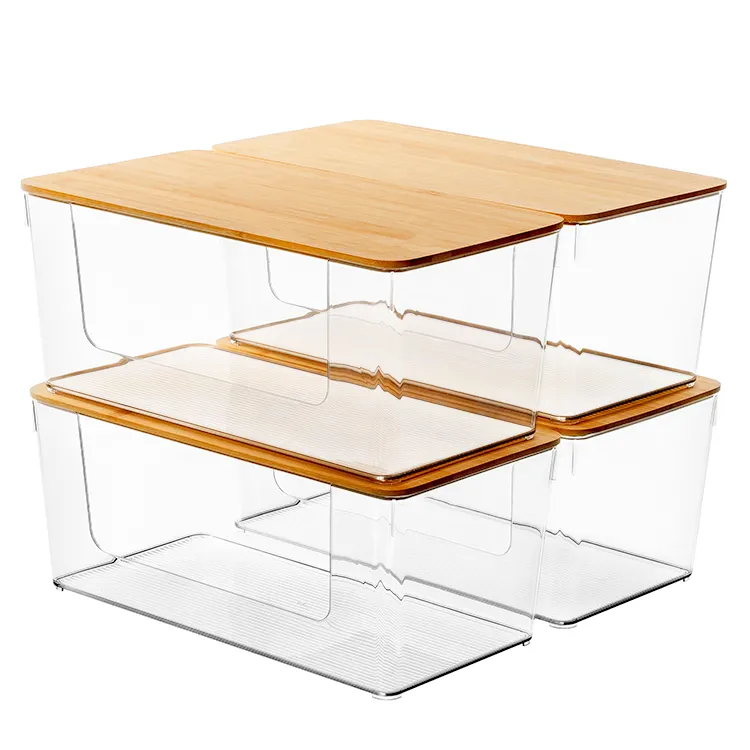 Bacs de rangement en plastique transparent avec couvercles en bambou pour l'organisation et le stockage du garde-manger, armoire à pharmacie, salles d'artisanat