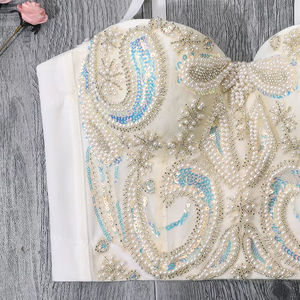 Women's Custom Sexy Woven <b>Sequined</b> Embellished Floral Pattern Breathable Eco-Friendly Bustier Crop <b>Top</b> with Pearl and Crystal - Product Image 3