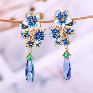 CAOSHI Hot sale Blue Flower Enamel Earrings for Women Gold Color Wedding Party Romantic Lady Long Drop Earrings