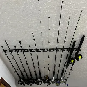 JH-Mech Fishing Pole Rack Holder Wall Storage Rack Holds Up To 12 Rods Heavy Duty Metal Fishing Rod Display Rack